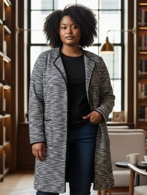 Isaac Mizrahi Black and White Marled Open-Front Blazer 4386